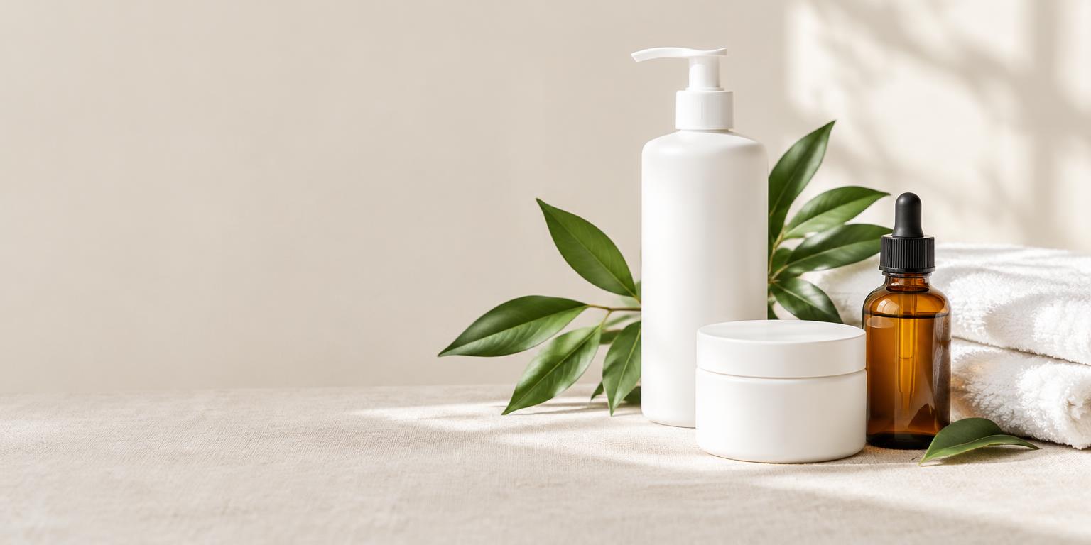 Skincare bottles, a botanical leaf and a soft towel